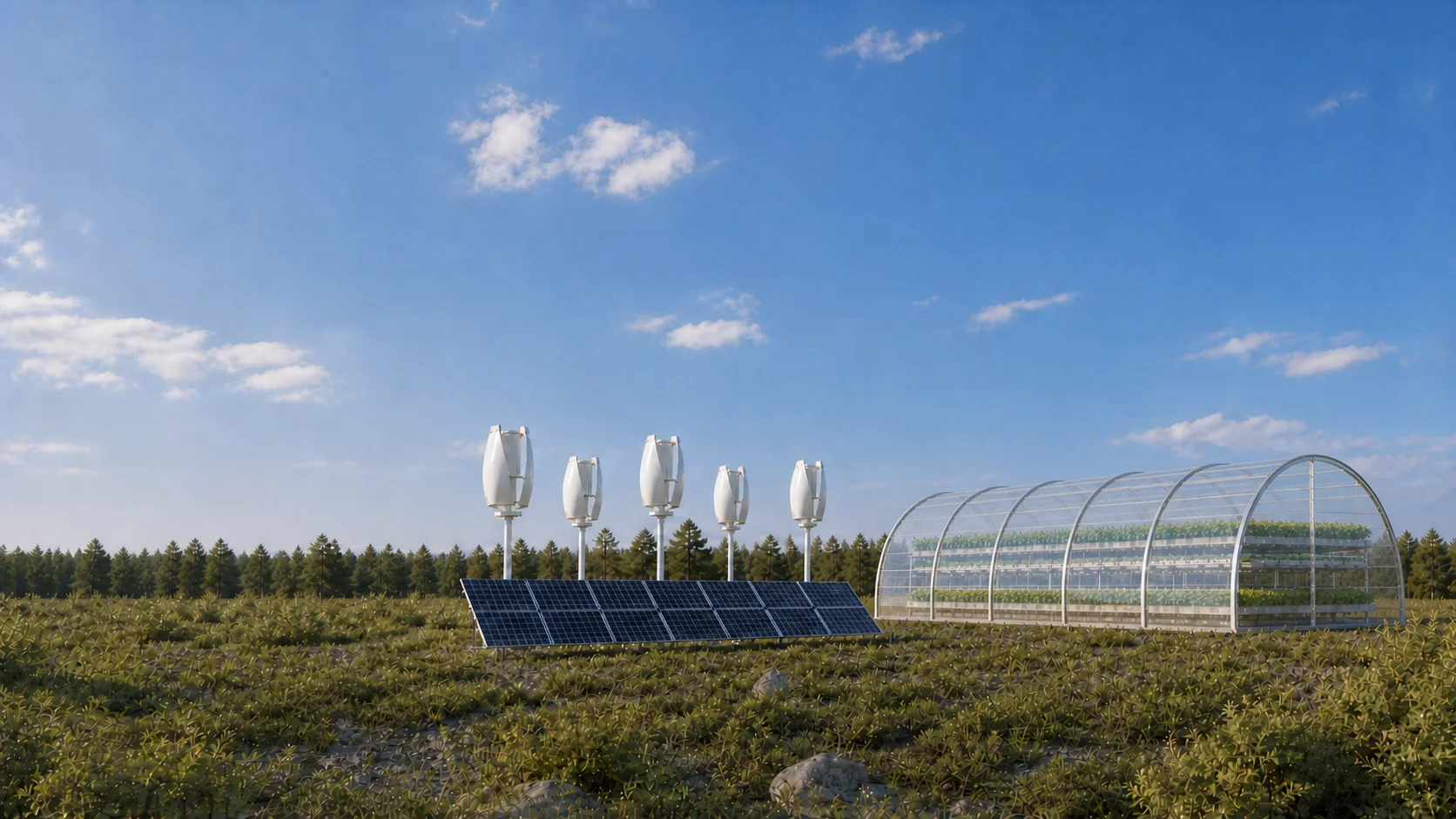 Demi-dôme bioclimatique Archvantis de 48 pieds sur 75 pieds avec panneaux solaires et cinq éoliennes verticales